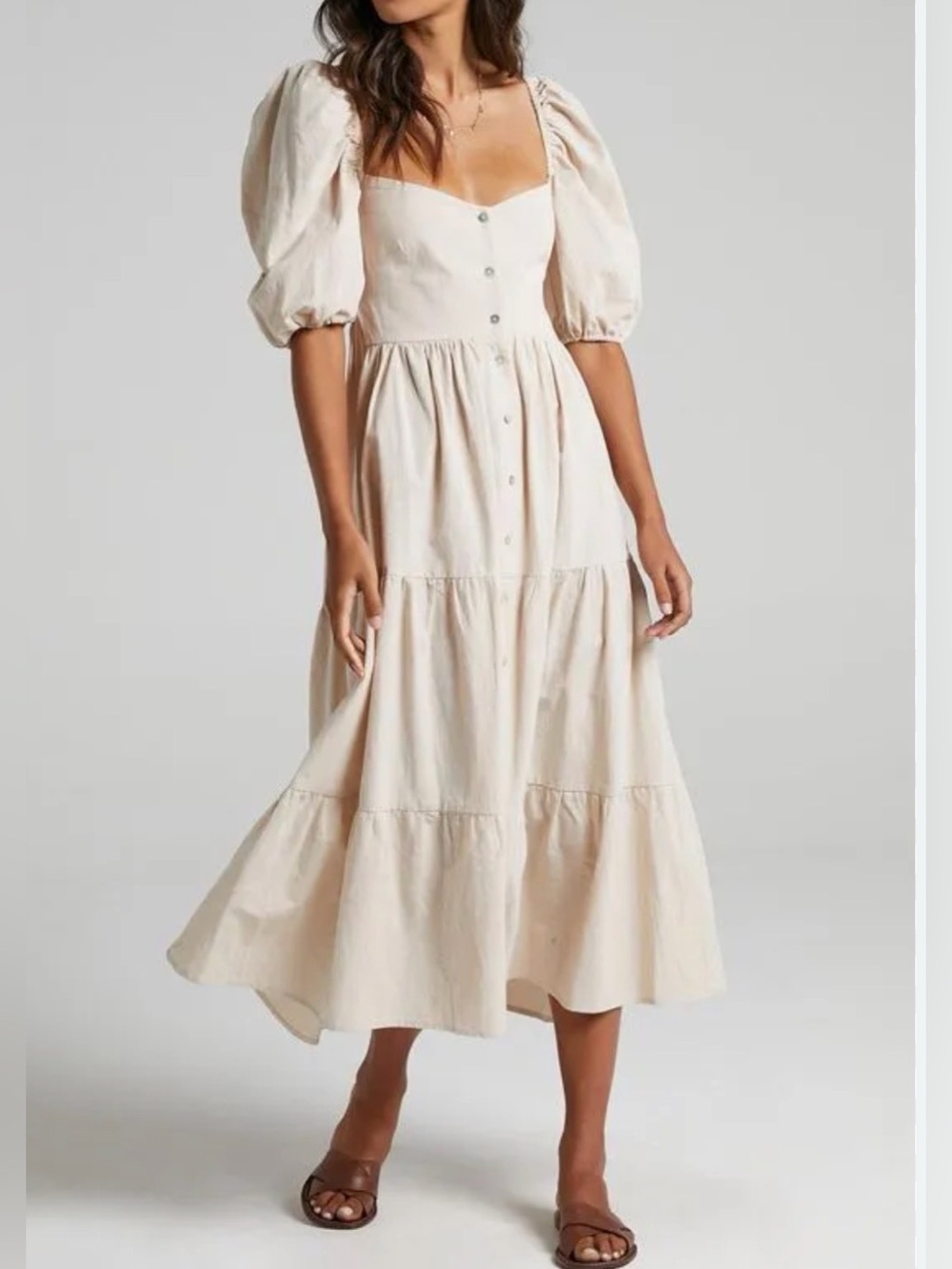 Showpo Women’s Sz 2 Beige Puffed Sleeves Tiered Maxi Cotton Dress